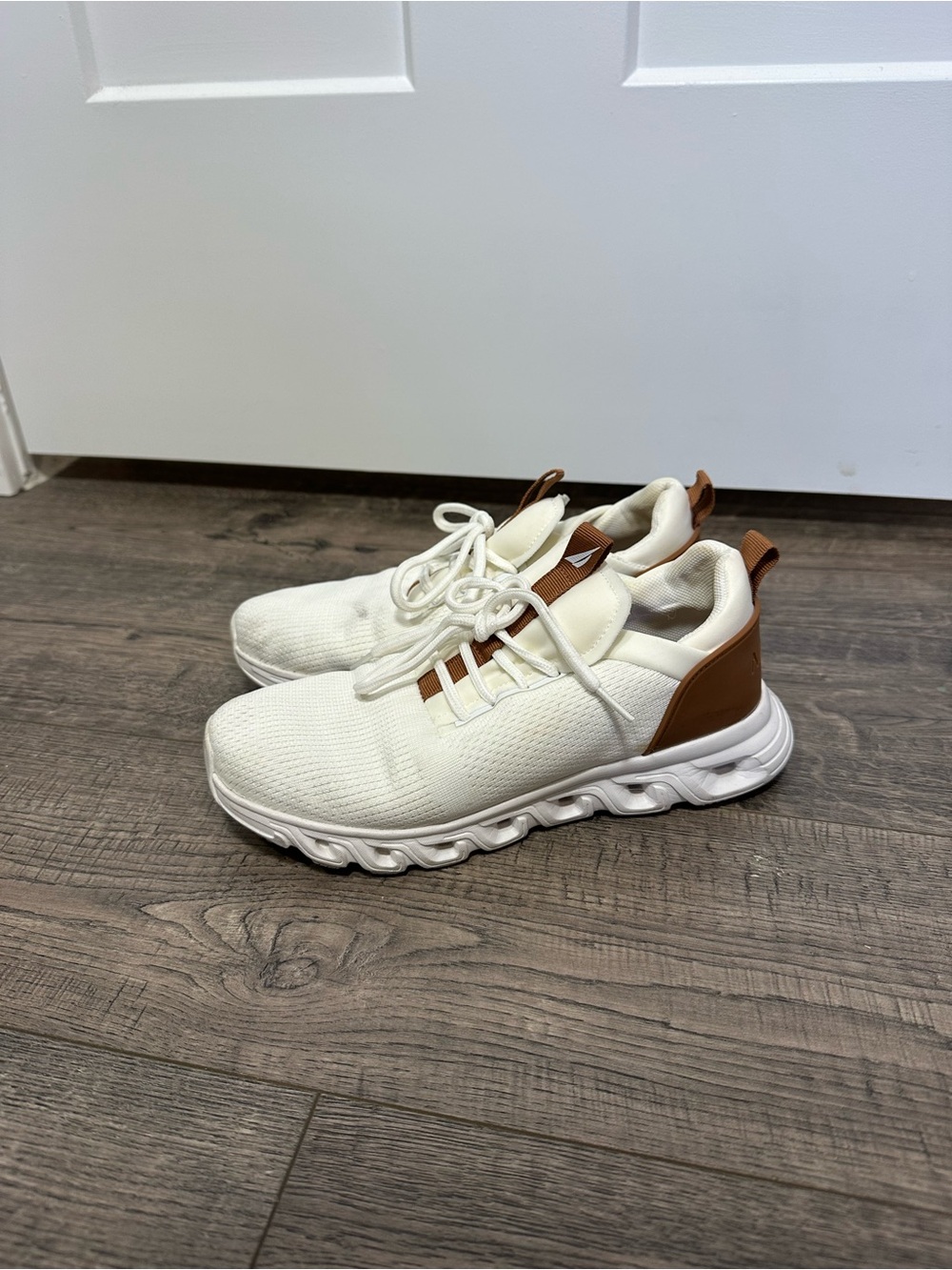 Nautica Women’s Knit Athletic Sneakers in Cream and Brown